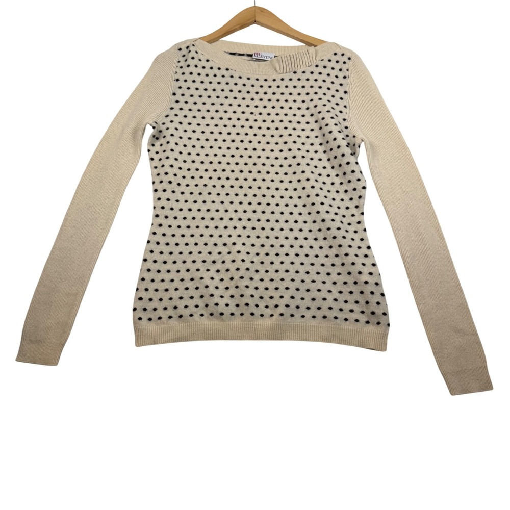 RED Valentino Cashmere Wool Polka Dot Sweater Cream Black Boat Neck Designer